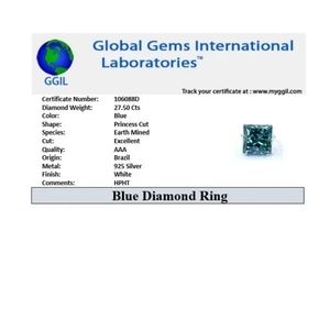 RARE 27.50 Ct Princess Cut Certified Blue Diamond Ring With Accents, 925 Silver